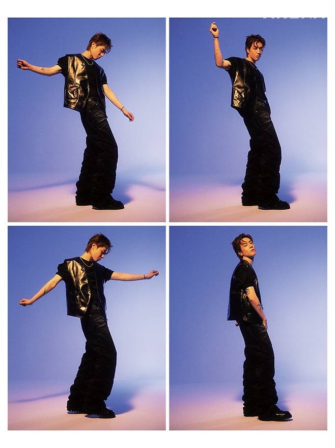 레더 베스트 잉크, 티셔츠·데님 팬츠 모두 웰던, 네크리스 톰 우드, 슈즈 스타일리스트 소장품, 이어링·브레이슬릿·링 모두 본인 소장품.