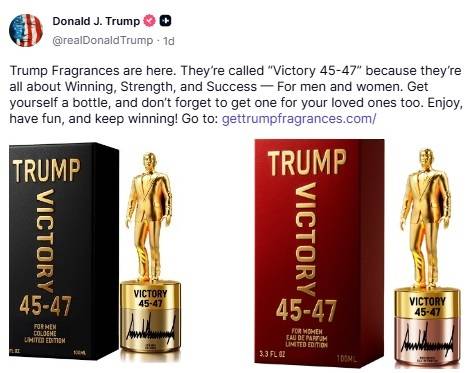도널드 트럼프 대통령은 1일(현지시간) 소셜미디어 엑스에 자신의 이름을 딴 향수를 홍보하고 있다. (사진 트럼프 엑스 캡쳐)