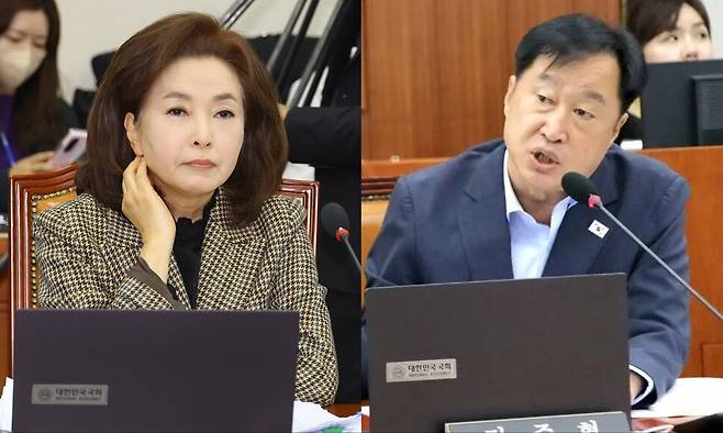 김민전 국민의힘 의원(왼쪽)과 김준혁 더불어민주당 의원. 윤운식 기자 yws@hani.co.kr, 김준혁 의원 페이스북 갈무리