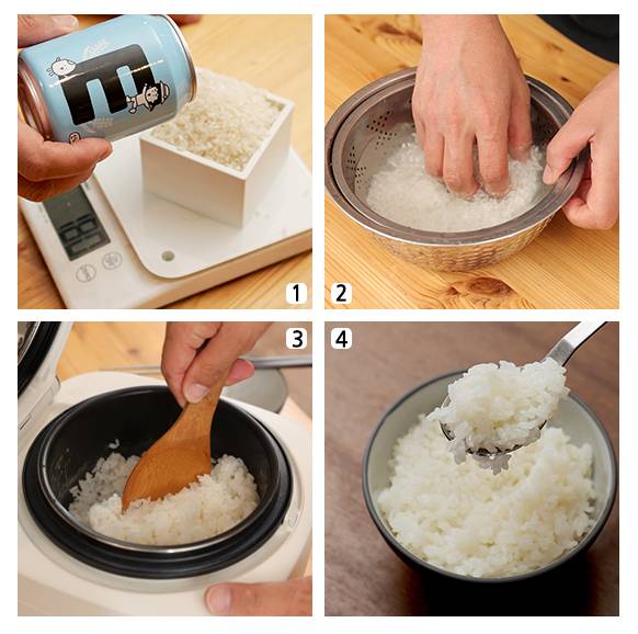 1) 밥 1인분을 쌀 90g으로 잡고 쌀과 물 무게가 같도록 계량한 뒤 밥을 짓는다. 2) 쌀을 채반에 넣고 씻으면 작은 쌀 조각이 걸러져 밥맛을 해치지 않는다. 3) ‘골든퀸3호’로 지은 밥이 완성됐다. 구수한 누룽지향이 일품이다. 4) 윤기가 흐르면서 밥알이 살아 있는 든든한 쌀밥 한공기. 김원철 프리랜서 기자