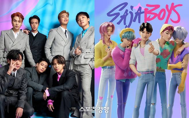 방탄소년단(왼쪽)과 ‘케이팝 헌터스’ 캐릭터 사자 보이즈. 하이브·넷플릭스 제공