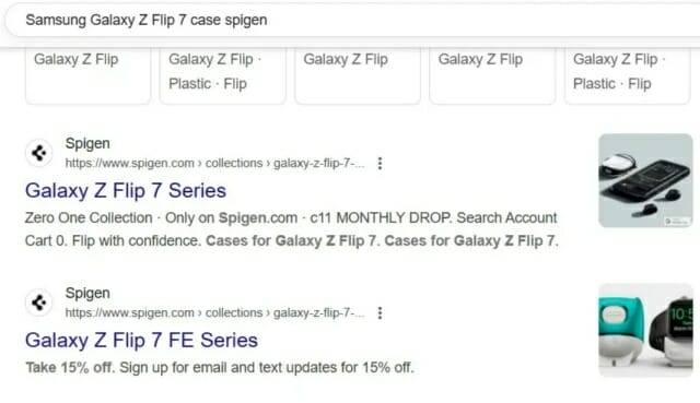 구글 검색 결과에 슈피겐의 갤럭시Z플립7 FE 케이스 목록이 표시됐다. (출처=안드로이드센트럴)