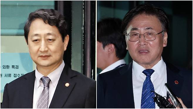 안덕근(왼쪽 사진) 산업통상자원부 장관과 유상임 과학기술정보통신부 장관이 2일 밤 서울 서초구 ‘내란 특검’ 사무실에서 각각 조사를 받고 나오는 모습. 안 장관은 9시간, 유 장관은 5시간가량 조사를 받았다. 두 사람은 12·3 비상계엄 선포 직전 열린 국무회의엔 참석하지 않았다./뉴스1