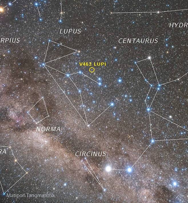 신성 루피(V462 Lupi, 노란색 원 안)./Matipon Tangmatitham(NARIT)