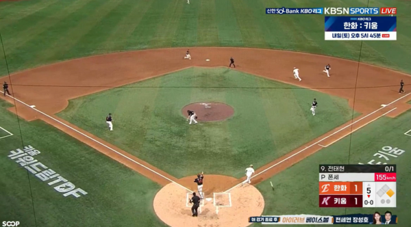 5회말 맨손캐치로 병살타를 이끄는 코디 폰세. ⓒKBSN스포츠 중계화면 캡처