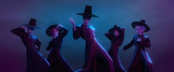 넷플릭스 애니메이션 <케이팝 데몬 헌터스>에 나오는 가상의 보이밴드 ‘사자 보이즈’. 넷플릭스 캡쳐