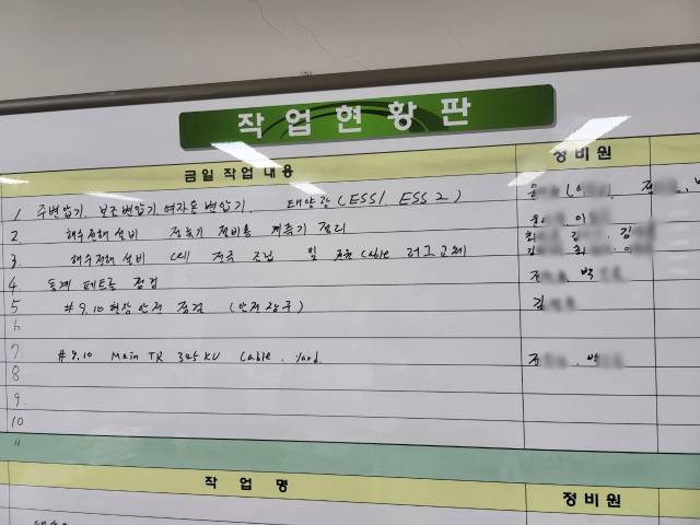 ▲소송 전 한전KPS에 걸린 작업현황판. 정비원엔 원청 직원과 하청 직원이 한 조로 구성돼 적혔다. ⓒ한전KPS비정규직지회