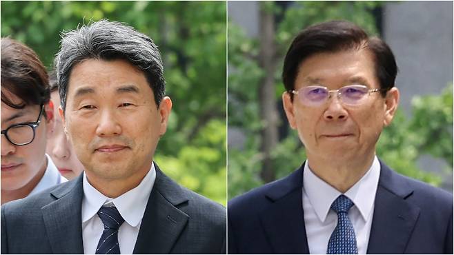 이주호(왼쪽) 교육부 장관과 박종준 전 대통령경호처장이 4일 ‘내란 특검’ 조사를 받기 위해 서울 서초구 특검 사무실에 각각 출석하고 있다. 이 장관은 작년 12월 ‘계엄 해제 국무회의’ 참석자 중 한 명이다. 박 전 처장은 윤석열 전 대통령에 대한 체포영장 집행을 방해한 혐의를 받고 있다./박성원 기자