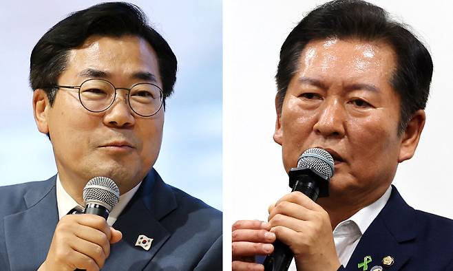 지난 5일 전주대학교에서 열린 토크콘서트에 참석한 박찬대 의원(왼쪽)과 6일 광주 김대중컨벤션 센터에서 열린 ''국민이 지키는 나라'' 북콘서트에 참석한 정청래 의원. 연합뉴스