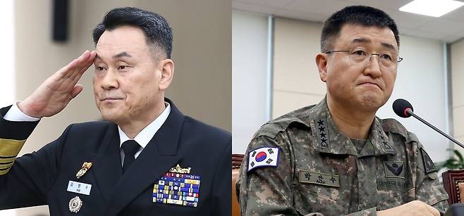김명수 합동참모의장(왼쪽)이 2024년 10월10일 서울 용산구 합동참모본부에서 열린 국회 국방위원회 국정감사에서 거수경례하고 있다. 박안수 전 계엄사령관이 2024년 12월5일 국방위 전체회의에 출석해 의원들의 질문을 듣고 있다. 공동취재사진·한겨레 윤운식 선임기자 yws@hani.co.kr