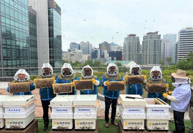 '세계 꿀벌의 날'인 5월 20일 서울 중구 농협중앙회 별관 옥상에 설치된 도시 양봉장에서 농협 임원진과 예르네이 뮐레르(왼쪽 다섯 번째) 슬로베니아 대사가 기념촬영을 하고 있다. 농협중앙회 제공