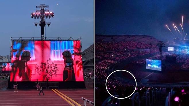 일부 관객이 블랙핑크 월드투어 고양 공연서 시야가 제한됐다고 불만을 제기하며 올린 현장 사진. 사진.X 캡처, YG엔터테인먼트