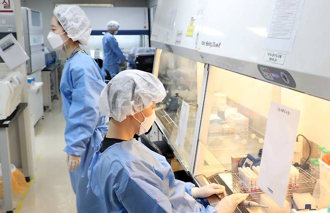 씨젠 연구원들이 6일 오후 서울 성동구 씨젠 의료재단 분자진단센터에서 바이러스 분석·검사를 하고 있다. /뉴스1