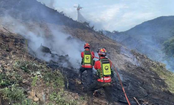 지난 5일 충북 영동군 양강면 산불 현장에서 진화대원이 불을 끄고 있다. 사진 산림청