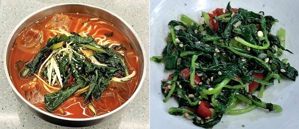 새콤한 열무김치로 만든 열무국수. 여름철 별미로 꼽히는 서민 음식이다. (왼쪽), 열무를 들기름에 볶은 열무 나물볶음.