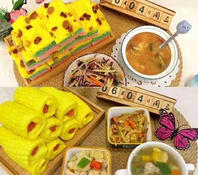 식용이 불가능한 물감을 넣어 색깔이 선명하고 화려한 급식 음식들. 웨이보 캡처