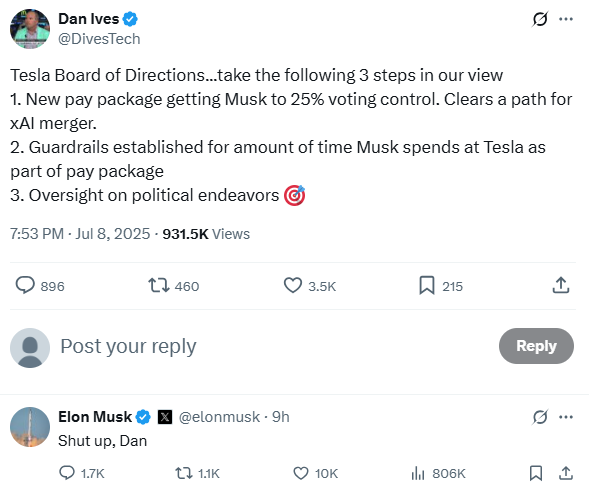 웨드부시 소속 애널리스트 댄 아이브스가 일론 머스크 테슬라 최고경영자의 정치 활동을 감독해야 한다고 주장하자 머스크 최고경영자가 격한 반응을 보이고 있다. 사진=엑스 캡처