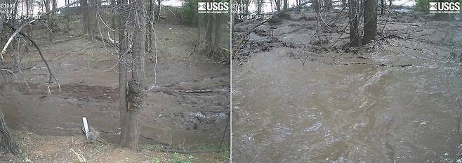 8일, 미국지질조사국(USGS)의 제공 사진을 바탕으로 국립기상청이 엑스(X)를 통해 공개한 사진. 뉴멕시코 루이도소 근처의 ‘리오 루이도소’ 강 수위가 얼마나 빨리 상승했는지 보여 준다. 왼쪽은 오후 3시30분(현지시각)의 상황이며, 오른쪽은 오후 4시에 강둑이 범람한 모습이다. AFP연합뉴스