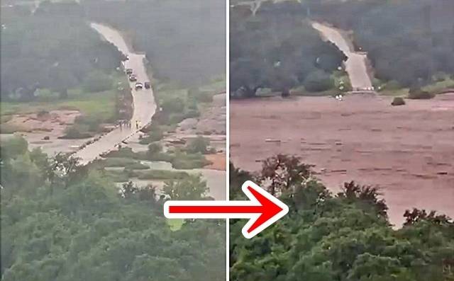 4일(현지시간) 내린 폭우로 미국 텍사스주 과달루페 강이 순식간에 범람했다. 사진은 강을 비추는 폐쇄회로(CC)TV 화면. 오후 17시 12분(왼쪽)과 18시(오른쪽) 과달루페 강물 수위에 확연한 차이가 보인다. 2025.7.8 엑스