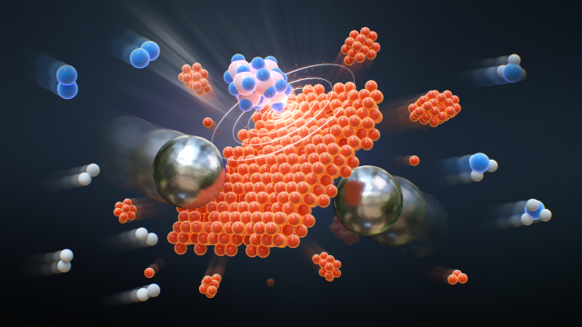 쇠구슬 충돌에 의해 철 촉매 표면에서 질소와 수소가 반응해 암모니아가 생성되는 과정. 연구그림=UNIST