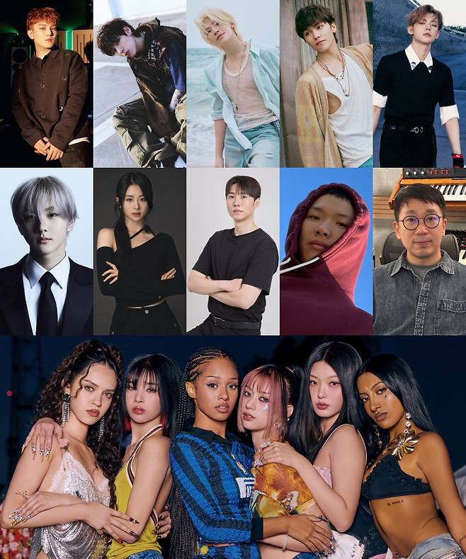 범주(왼쪽 위부터 시계방향), 지코, 세븐틴 우지, 세븐틴 버논, 투모로우바이투게더 연준, 원더키드, 슈프림 보이, 슬로우 래빗, 르세라핌 허윤진, 엔하이픈 정원, 르세라핌 허윤진, 캣츠아이 / 사진=하이브 제공