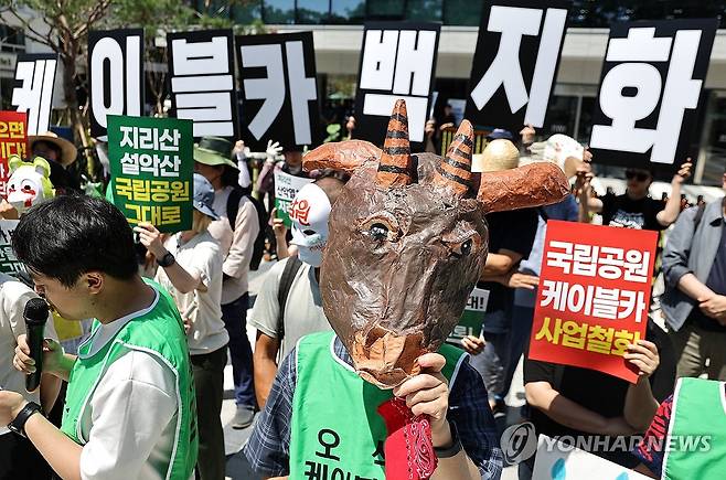 국립공원 케이블카 전면 백지화 요구 기자회견 (서울=연합뉴스) 윤동진 기자 = 10일 서울 국정기획위원회 앞에서 열린 '국립공원 케이블카 전면 백지화' 요구 기자회견에서 한 참석자가 산양 탈을 쓴 채 참석해 있다. 2025.7.10 mon@yna.co.kr