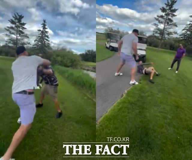전직 하키 선수 닉 타르나스키가 캐나다의 한 골프장에서 라운드 도중 시비가 붙어 몸싸움을 벌이고 있다. /SNS 캡처(ziregolf)