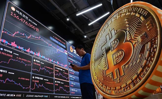 가상화폐 대장주 비트코인이 파죽지세의 상승세를 보이며 11만6000 달러를 돌파한 가운데 11일 오전 서울 서초구 빗썸라운지 전광판에 비트코인 거래가격이 표기되어 있다. 이상섭 기자