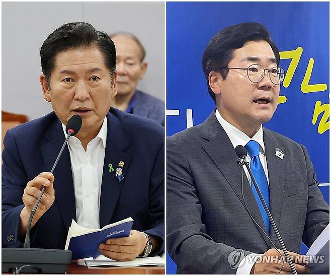 발언하는 정청래·박찬대 당 대표 후보 (서울=연합뉴스) 박동주 형민우 기자 = 더불어민주당 차기 당 대표 선거에 출마한 정청래 의원이 9일 서울 여의도 국회 의원회관에서 열린 당원 주권 정당개혁 토론회에서 발언하고 있다.(사진 왼쪽) 같은 날 박찬대 의원은 전남 무안군 전남도의회 브리핑룸에서 기자회견을 열고 인사말하고 있다.(사진 오른쪽) 2025.7.9 photo@yna.co.kr