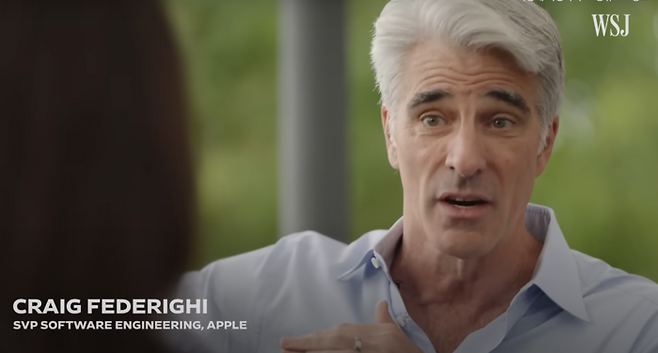 월스트리트저널과 지난달 인터뷰하는 크레이그 페더리기 애플 소프트웨어 엔지니어링 수석 부사장. <사진=월스트리트저널 유튜브 캡쳐>