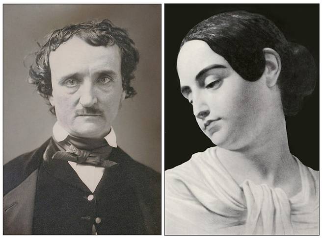 세계 최초 추리소설을 쓴 작가로 잘 알려진 에드거 앨런 포는 13살 나이 사촌 여동생 버지니아와 혼인했다(좌). 에드거 엘런 포와 13살에 결혼한 사촌 여동생 버지니아 클램(우). 고작 24세 나이로 세상을 떠났다.