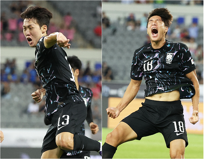 7월 11일 경기도 용인미르스타디움에서 열린 2025년 동아시아축구연맹(EAFF) E-1 챔피언십(동아시안컵) 남자부 2차전 한국과 홍콩의 경기. 한국 강상윤(왼쪽)과 이호재(오른쪽)가 골을 넣고 기뻐하고 있다. 두 선수는 나란히 A매치 데뷔 골을 기록했다. 사진=연합뉴스 제공