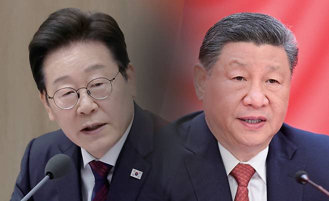 (왼쪽 사진)이재명 대통령이 7월5일 서울 용산 대통령실 청사에서 열린 국무회의에서 발언하고 있다. (오른쪽 사진)4월28일 중국 베이징 인민대회당에서 연설하고 있는 시진핑 중국 국가주석. ⓒ연합뉴스·Xinhua 제공