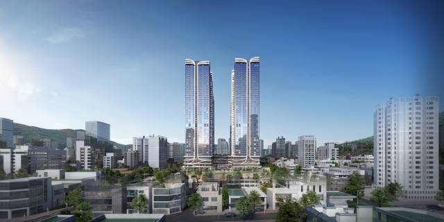 해안가 위주였던 부산 하이엔드 부동산 시장이 서면 등 도심권역으로 옮겨가고 있다. 대우건설이 옛 NC백화점 서면점 자리에 공급하는 919세대 규모의 하이엔드 아파트 ‘서면 써밋 더뉴’의 조감도. 대우건설 제공