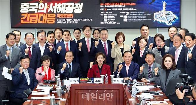 나경원 국민의힘 의원 등이 지난 3월 의원회관에서 열린 '중국의 서해공정 긴급대응 국회토론회'에 앞서 기념촬영을 하고 있다. ⓒ데일리안 홍금표 기자
