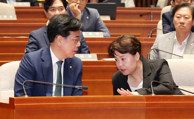 국민의힘 송언석(왼쪽) 비상대책위원장 겸 원내대표와 안철수 의원의 후임 혁신위원장에 임명된 윤희숙 여의도연구원장이 지난 7월9일 국회 본청에서 열린 의원총회에서 대화하고 있다.<연합뉴스 사진>