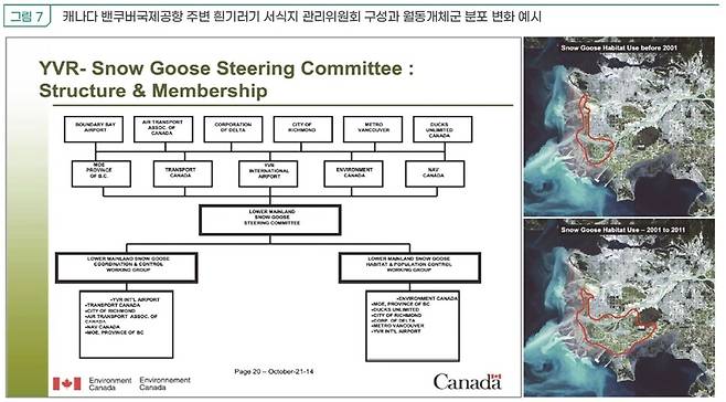 캐나다 밴쿠버국제공항은 다양한 이해관계자가 참여하는 공항 주변 조류 서식지 관리위원회를 통해 공항 남단 흰기러기 월동지의 서식 현황을 지속해서 모니터링하고 월동 개체군 분산을 최소화해 서식지를 안정화하는 방식으로 관리 한다. 한국환경연구원 제공