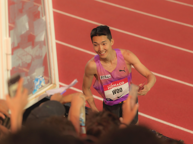 12일 모나코에서 열린 2025 다이아몬드리그 남자 높이뛰기 경기에 나선 우상혁. 사진=대한육상연맹