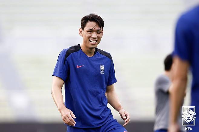 2025 동아시아축구연맹(EAFF) E-1 챔피언십(동아시안컵) 대비 훈련 중인 축구 국가대표팀 공격수 오세훈. /사진=대한축구협회 제공
