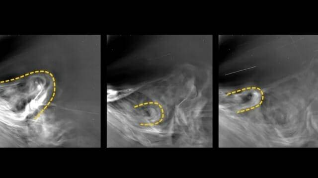 파커 태양 탐사선의 코로나를 촬영한 모습. CME(노란색)의 형성 과정을 보여준다. 이는 태양에서 태양계로 방출된 거대한 플라스마 덩어리다. (출처=NASA/존스홉킨스 APL/해군 연구소)