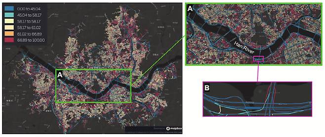 카카오내비는 도로 진출입을 위한 대기열로 인해 사용자의 경로이탈이 잦아지는 도로 구간(동작대교 남단 - 올림픽대로 등)도 오른쪽 하단의 이미지(B)와 같이 운전자의 행동 데이터를 경로 탐색에 반영함