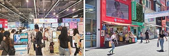 지난 11일 서울 강남구에 위치한 시코르 강남역점(오른쪽)이 고객들로 북적이고 있는 반면 서울 중구 명동거리의 한 뷰티 매장은 한산한 모습을 보이고 있다. 사진=이정화 기자