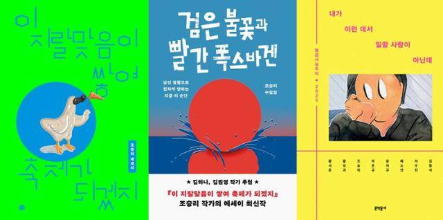 2024년 3월 출간돼 베스트셀러가 된 조승리 작가의 첫 번째 에세이집 '이 지랄맞음이 쌓여 축제가 되겠지'와 이듬해 선보인 두 번째 에세이집 '검은 불꽃과 빨간 폭스바겐', 월급사실주의 동인의 앤솔러지 '내가 이런 데서 일할 사람이 아닌데'. 달 출판사·세미콜론·문학동네 제공