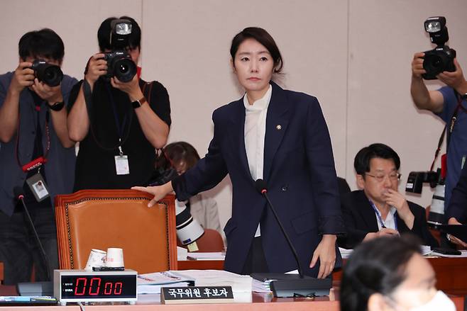 14일 국회에서 열린 여성가족부 장관 후보자 인사청문회에 참석한 강선우 여가부 장관후보자. <연합뉴스>