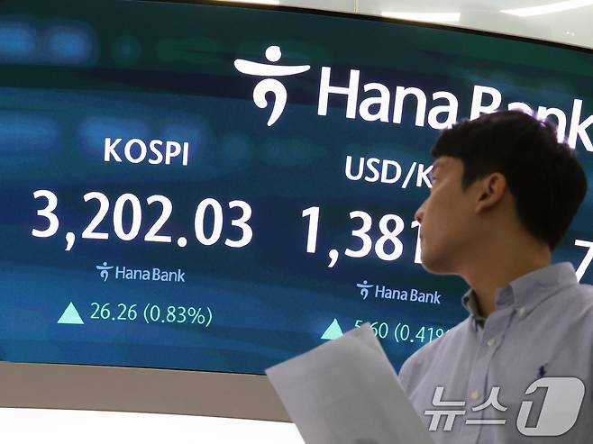 서울 중구 하나은행 본점 딜링룸 전광판./뉴스1 ⓒ News1 황기선 기자