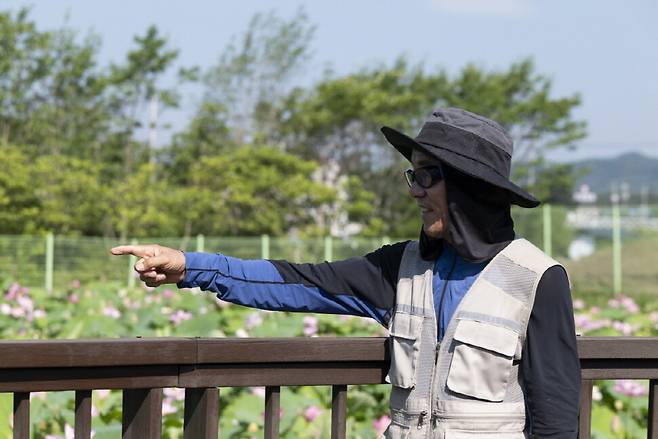 아라홍련 시배지 관리인 윤기숙씨가 재배 방법을 설명하고 있다.