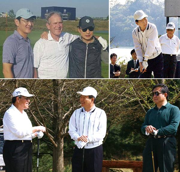 (시계방향) 조지 W 부시 전 미국 대통령이 2015 프레지던츠컵 대회 개막식 참석차 방한했을 당시 이명박 전 대통령, 이재용 삼성전자 부회장과 함께 인천 청라 베어즈베스트
골프장에서 동반 라운드를 가졌다(연합뉴스). 티샷 하는 노무현 전 대통령의 모습(연합뉴스). 2003년 노무현 전 대통령은 청남대에 야당 대표들인 김종필 자민련 총재, 정대철 민주당 대표 등을 초청해 골프 라운드를 진행했다(연합뉴스)