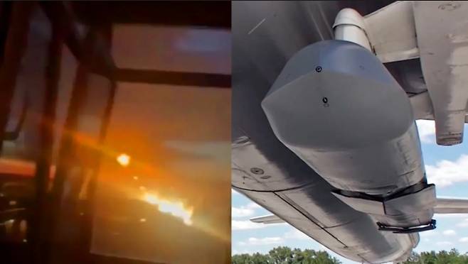 지난 11일(현지시간) 밤 러시아군이 우크라이나 서부 체르니우치를 폭격한 영상을 보면 Kh-101 순항미사일(오른쪽)이 떨어지면서 집속탄(클러스터 탄두)와 유사한 일련의 폭발이 이어졌다.