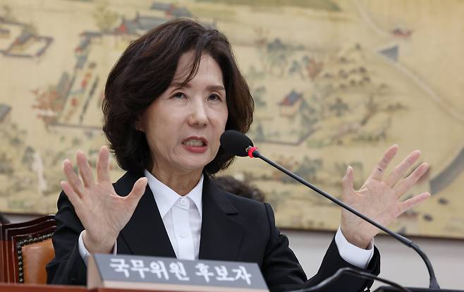 이진숙 사회부총리 겸 교육부 장관 후보자가 16일 서울 여의도 국회 교육위원회에서 열린 인사청문회에서 의원 질의에 답하고 있다./남강호 기자