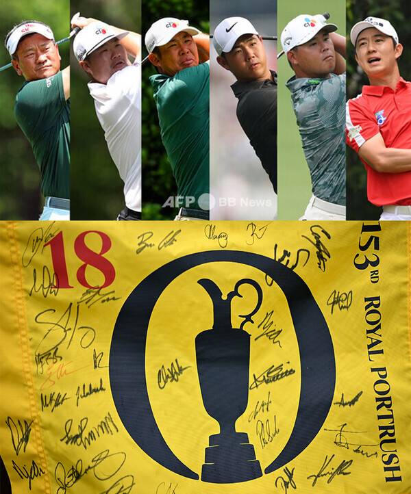 2025년 남자골프 마지막 메이저 대회인 제153회 디오픈 챔피언십에 출전하는 최경주, 임성재, 안병훈, 김주형, 김시우, 송영한 프로(사진제공=ⓒAFPBBNews = News1). 아래 선수들이 사인을 한 디오픈 깃발 이미지(사진제공=Alex Pantling/R&A/R&A via Getty Images)